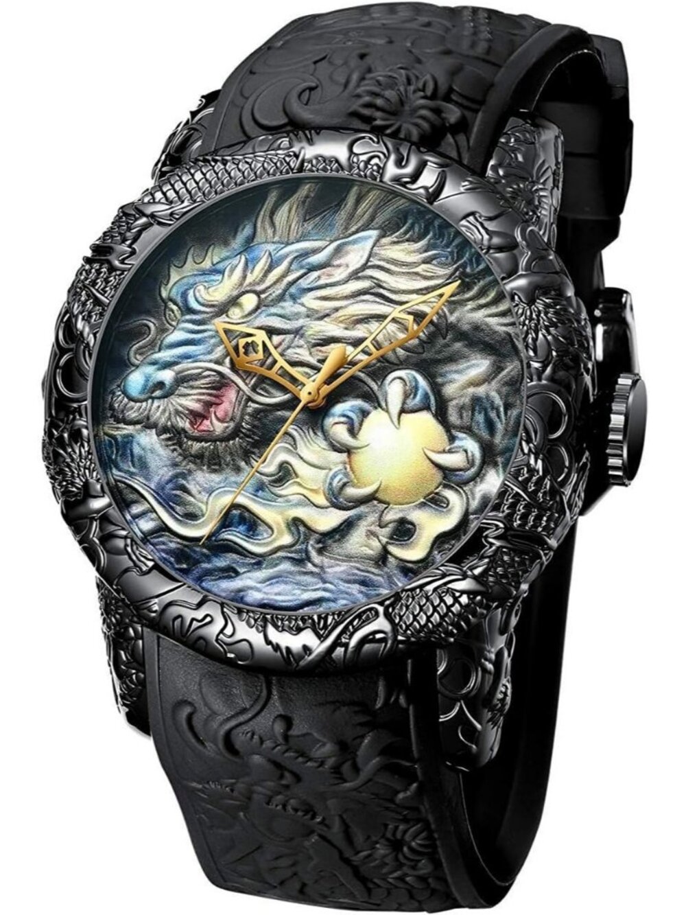 Mens Black Fashion Analog Quartz Big Dial 3D Sculpture Dragon Luxury Wrist Watch